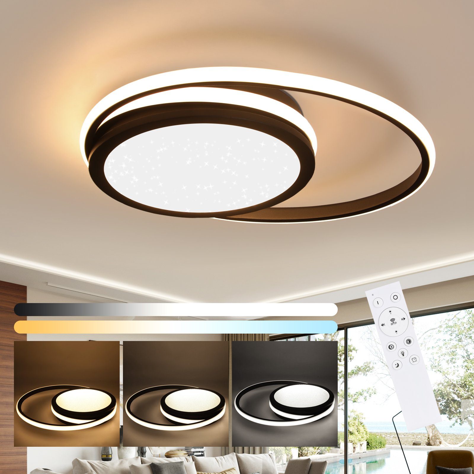 NETTLIFE LED - kattovalaisin, olohuoneeseen - himmennettävä, musta, lamppu, moderni, pyöreä, lamppu, 56W, tähtitaivaskuviolla, makuuhuoneeseen