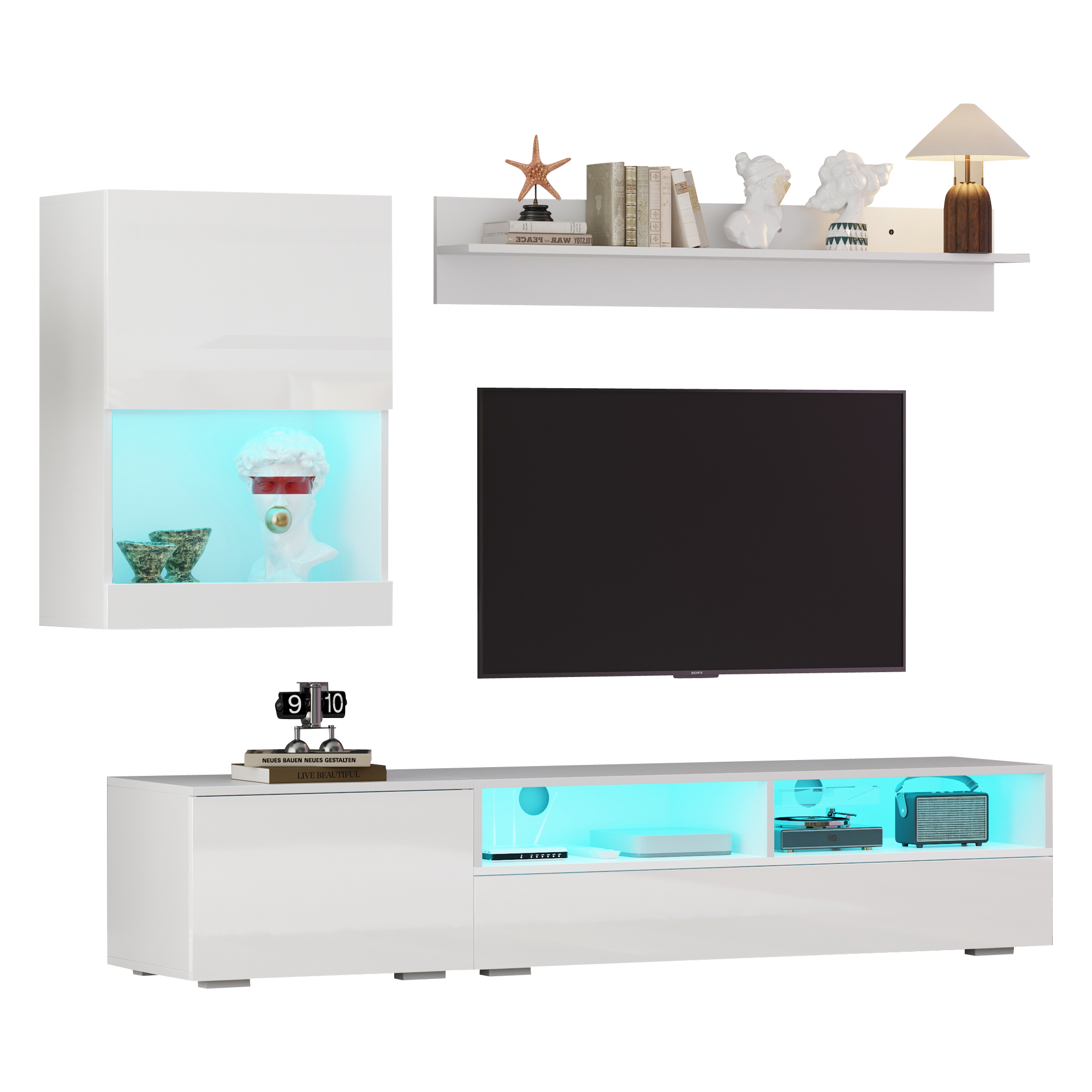 TV-taso 175x39x34 cm valkoinen lastulevy säilytyksellä ja LED-valaistuksella