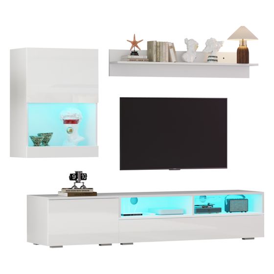TV-taso 175x39x34 cm valkoinen lastulevy säilytyksellä ja LED-valaistuksella