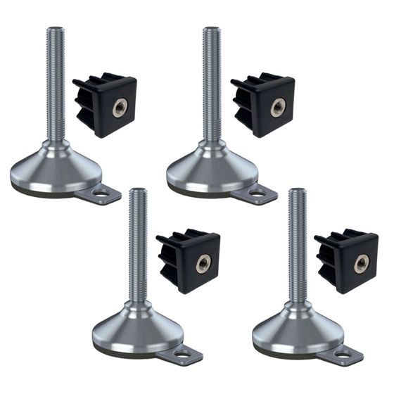 Ruostumaton jalka 16x100x80mm, tyyny ja kiinnitysreikä + insertit 50x50x2.0mm - 4 kpl:n sarja.