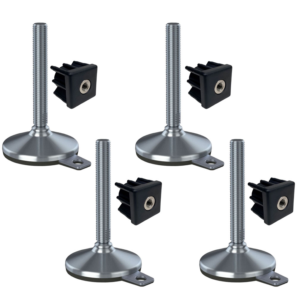 Ruostumaton teräsjalka M20x150, pohja 105 mm, aluslevy ja kiinnitysreikä + kiinnike 40x40x2 mm – 4 kpl:n sarja