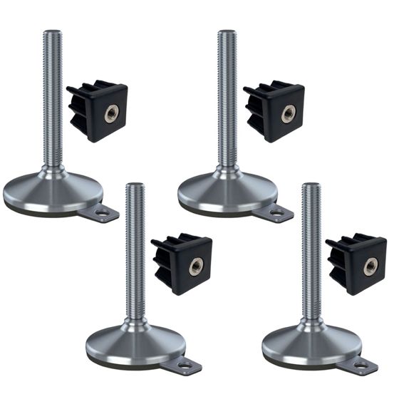 Ruostumaton teräsjalka M20x150, pohja 105 mm, aluslevy ja kiinnitysreikä + kiinnike 40x40x2 mm – 4 kpl:n sarja