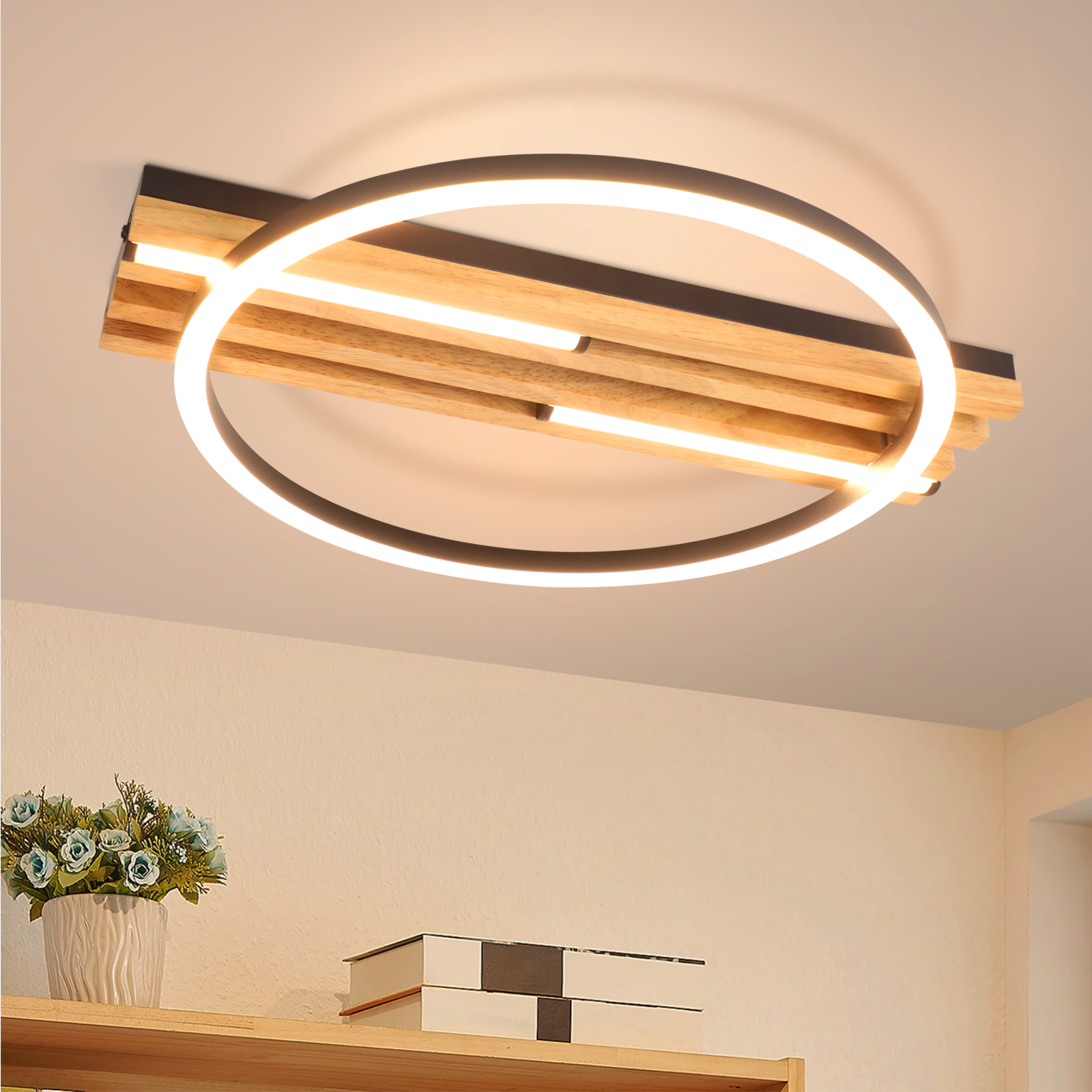 ZMH 24 W LED-kattovalaisin, 38 cm puinen kattovalaisin, 3000 K lämmin valkoinen, olohuoneeseen