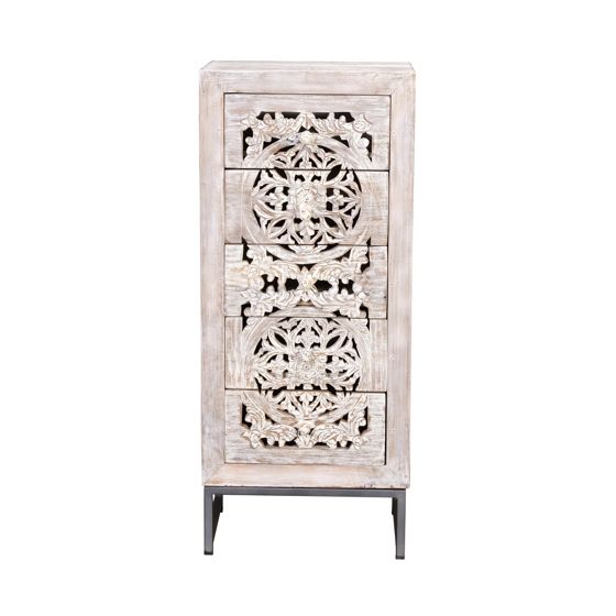 Mangopuinen lipasto, jossa on 5 laatikkoa ja rautajalusta