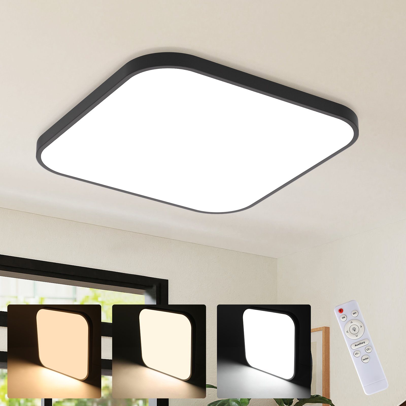 NETTLIFE LED - kattovalaisin, IP44 musta, 27 cm, 15 W, makuuhuone Keittiö, himmennettäväKaukosäätimelläKylpyhuone neliön, muotoinen eteiseen
