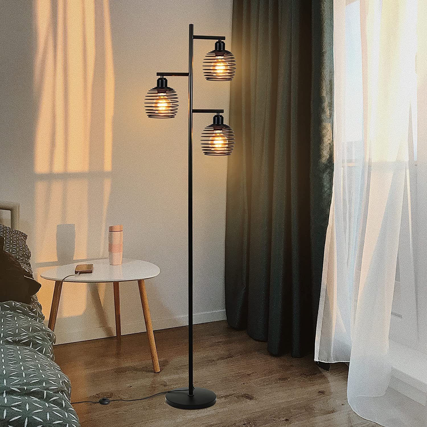 NETTLIFE Vintage-lattiavalaisin olohuoneeseen - E27 3-liekkinen 25W teollinen musta lattiavalaisin 152CM jalkakytkimellä