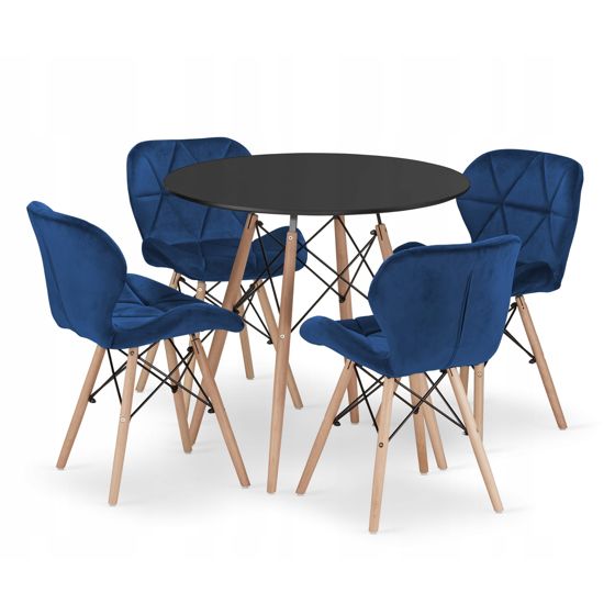 Pyöreä pöytä TODI 80, musta, 4 LAGO-tuolia, tummansininen
