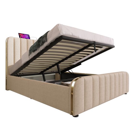 sänky 140x190 cm hydraulinen säilytystila beige leinenvyö
