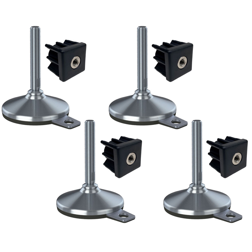 Ruostumaton teräsjalka M16x100, pohja 105 mm, aluslevy ja kiinnitysreikä + kiinnitystulpat 50x50x2 mm – 4 kpl:n sarja