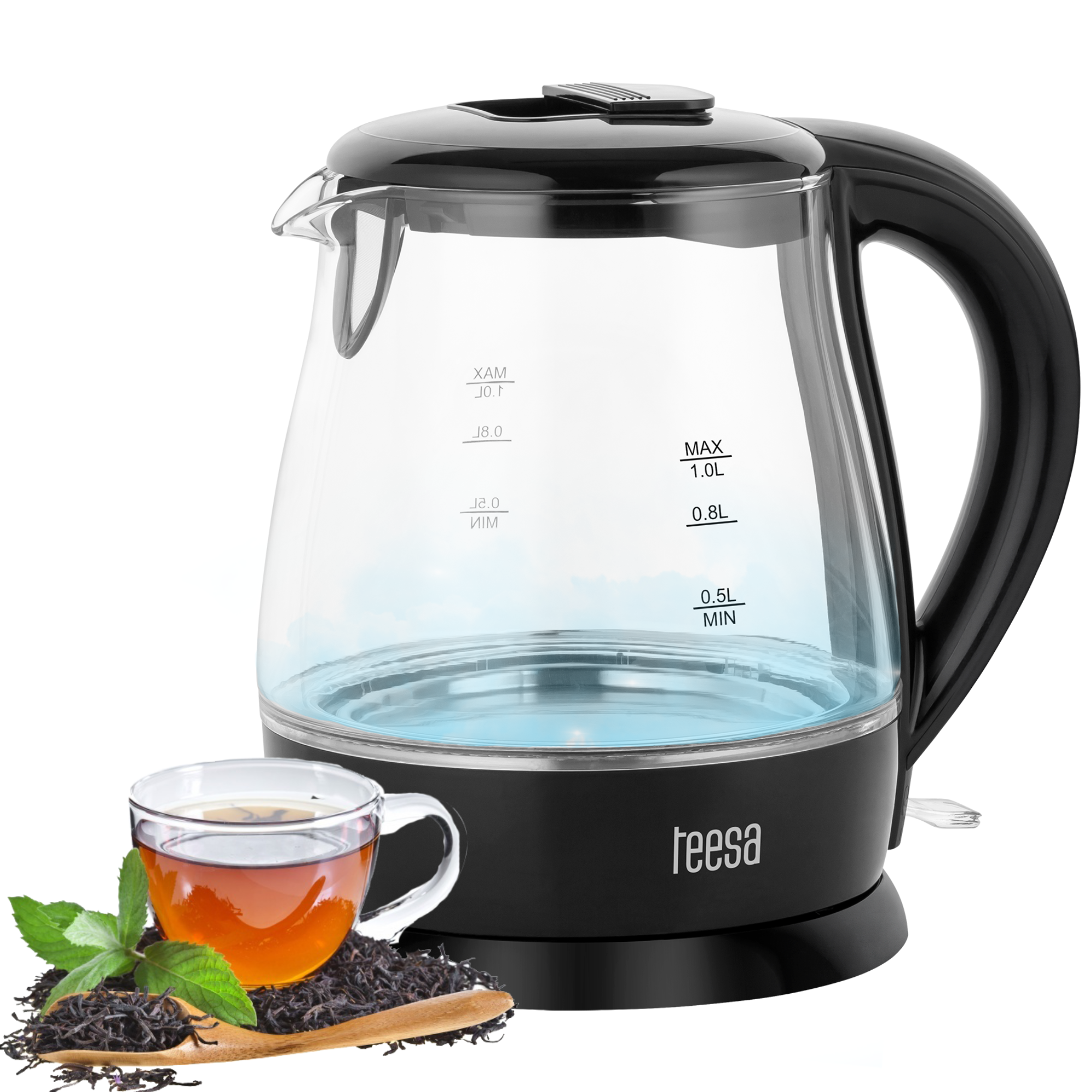 Johdoton vedenkeitin, lasinen, musta, 1630W, 1L, Teesa