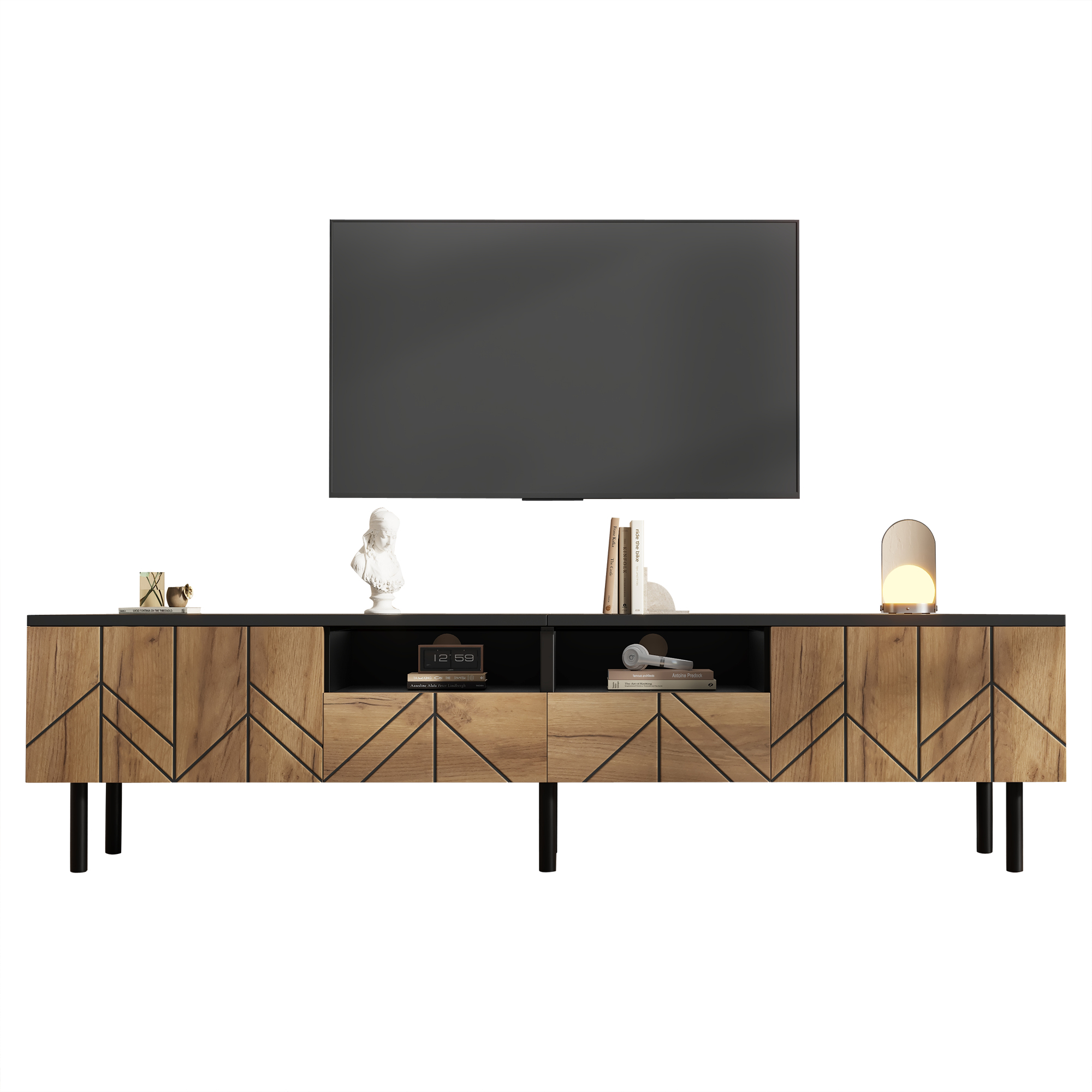 TV-taso 180x40x45 cm musta ja luonnonpuuoptiikka lastulevy, säilytyksellä ja liukuovilla