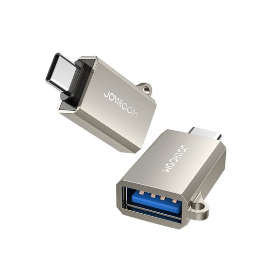 USB-C (uros) - USB-A (naaras) -sovitin, jossa on kaulanauhan kiinnitysreikä - hopea