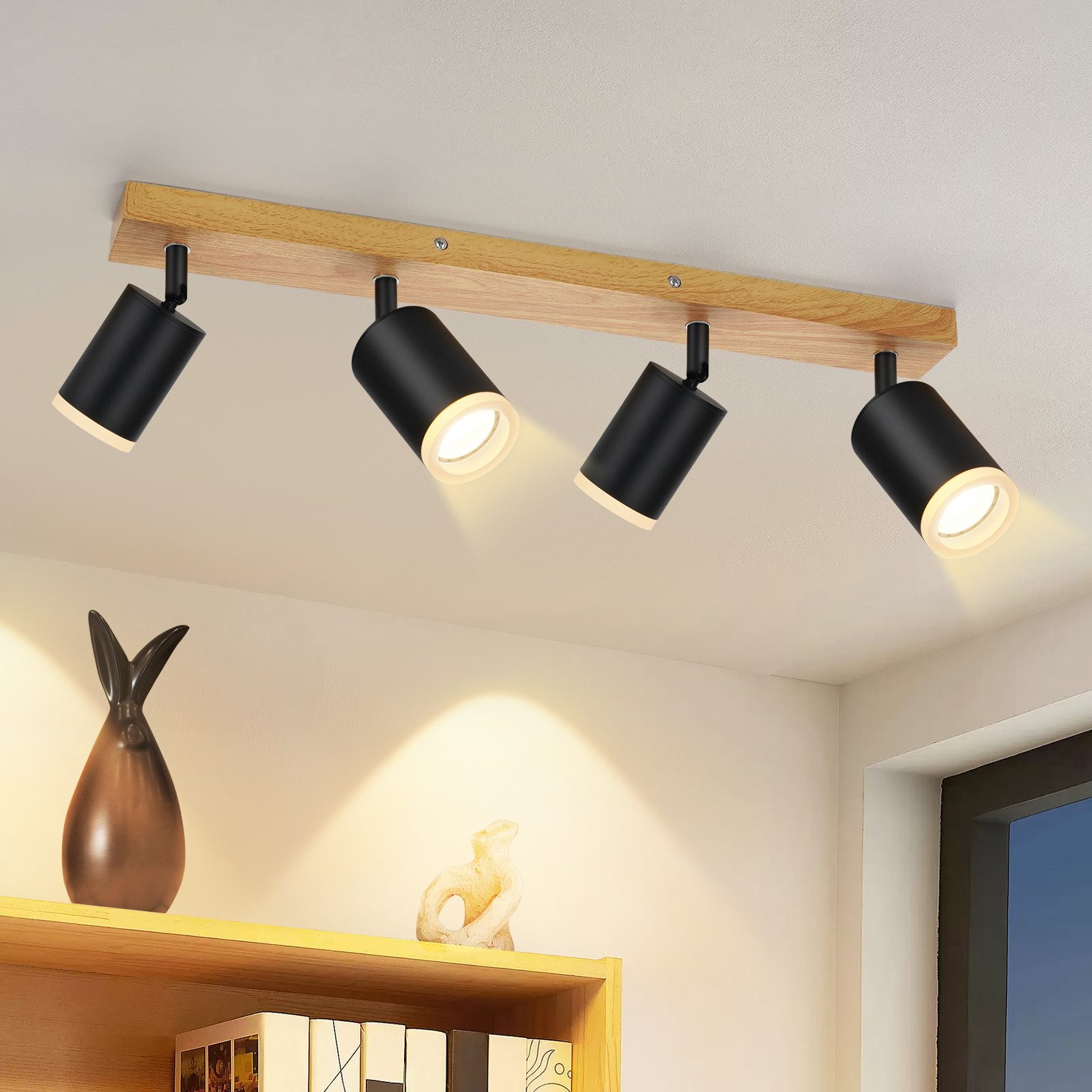 ZMH LED-kattospottivalaisin neljällä lampulla, GU10, puu-akryylivarjostin, 350° kääntyvä kattovalaisin olohuoneeseen