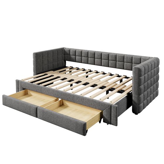 Sänky 90 x 200 cm, Harmaa, Neliöselkänoja + 2 Laatikkoa