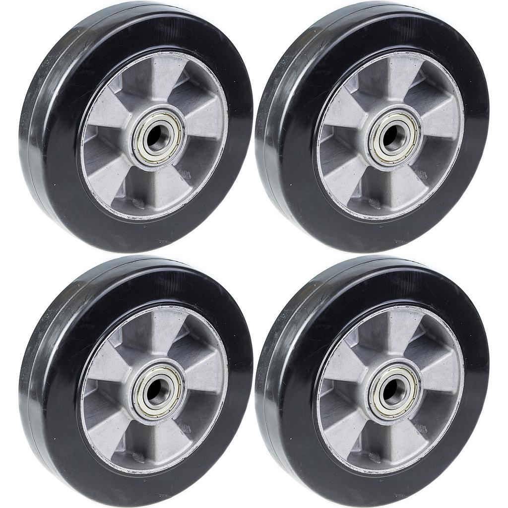 200 mm:n (8 tuuman) pyörä, musta kumi ja alumiininen keskiosa, kantavuus 1800 kg, 4 kpl:n sarja