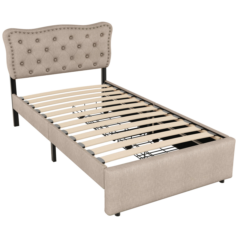 Verhoiltu Sänky 90 x 200 cm, Tummanbeige Pellava + MDF, Yöpöytä + Koristenastat + 2 Laatikkoa