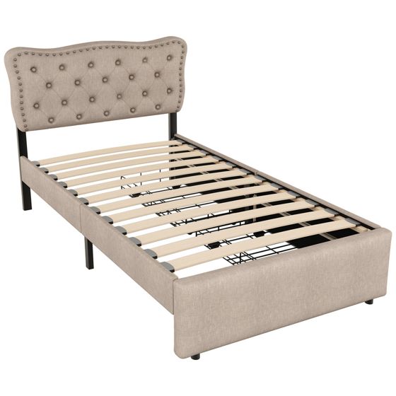 Verhoiltu Sänky 90 x 200 cm, Tummanbeige Pellava + MDF, Yöpöytä + Koristenastat + 2 Laatikkoa