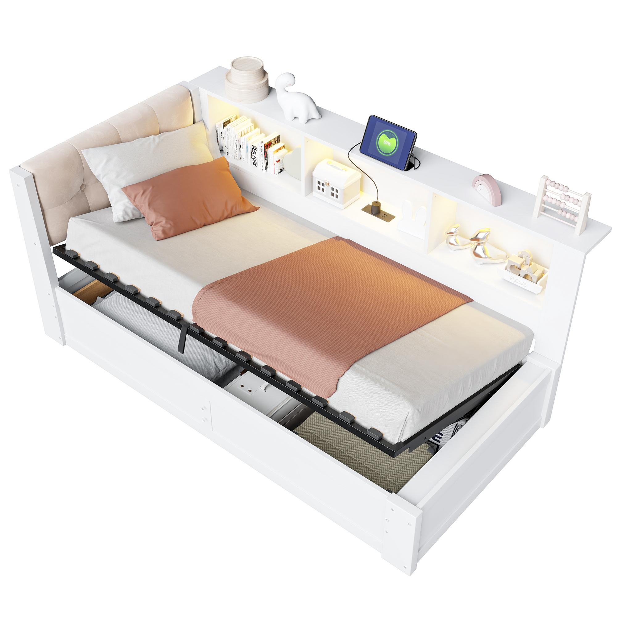 sänky 90x200 cm hydraulinen säilytystila dimmattava LED-valaistus valkoinen mänty ja MDF