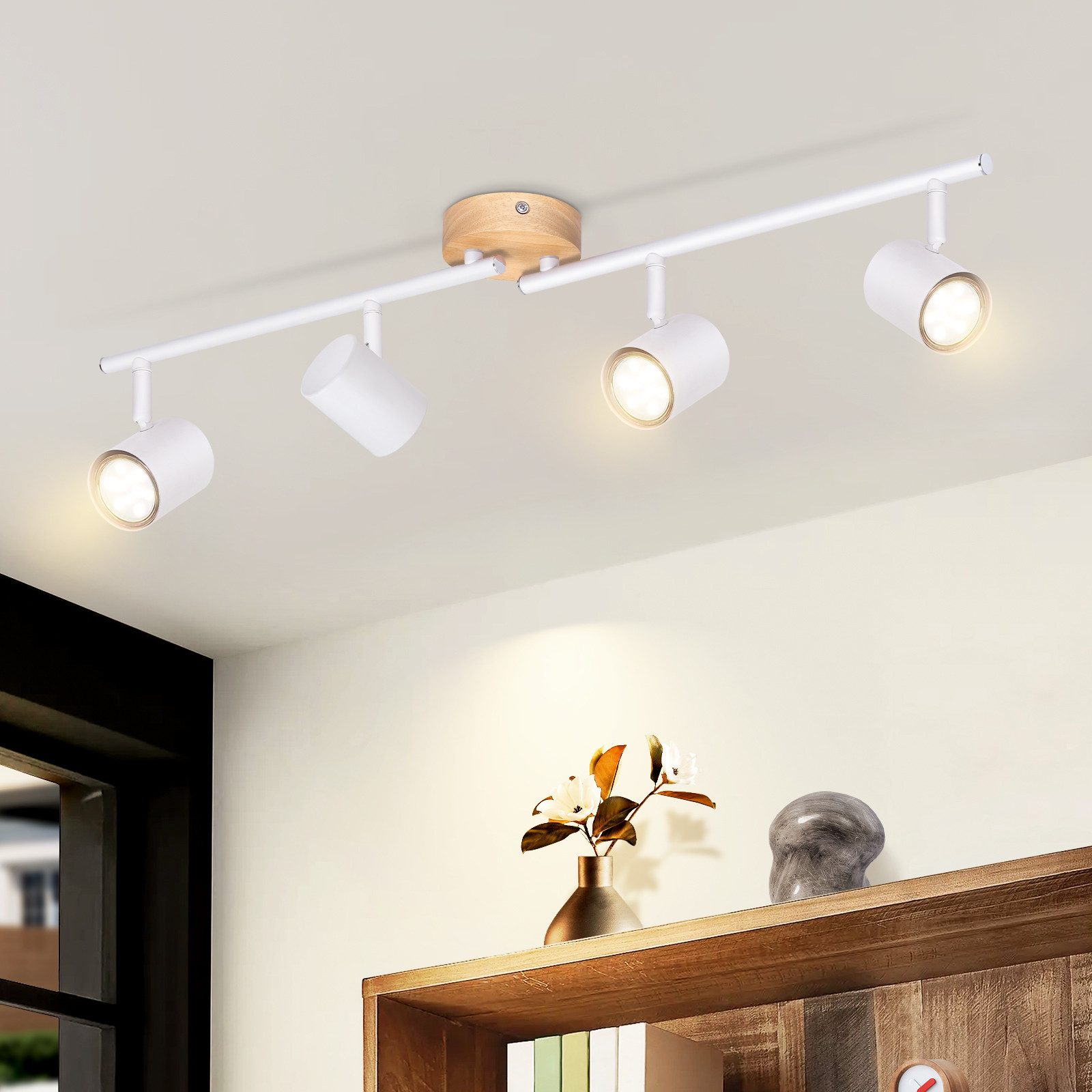NETTLIFE LED - kattovalaisin 4 liekkiä - valkoinen kattovalaisin GU10 kääntyvä kohdevalo puinen ilman lamppua