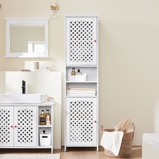 SoBuy Kylpyhuonekaappi 2-ovinen avoimet hyllyt MDF valkoinen 45x41,5x170 cm BZR209-W