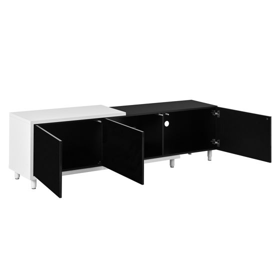 TV-taso 258x38x48,5 cm musta ja valkoinen lastulevy metallijaloilla säilytyksellä ja liukuovilla