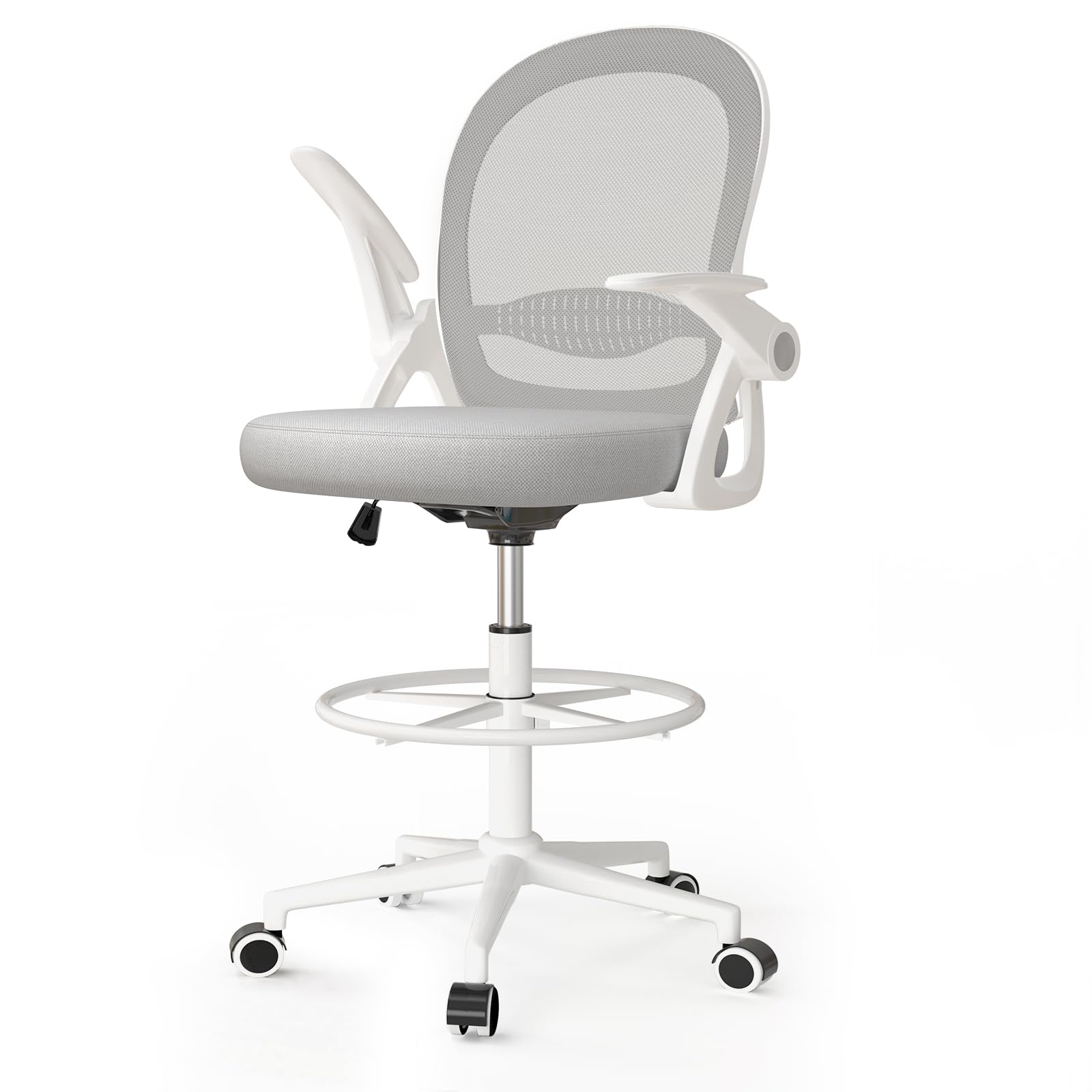 Toimistotuoli G02 ergonominen säädettävä istuinkorkeus 58–78 cm taitettavat käsinojat säädettävä jalkarengas harmaa
