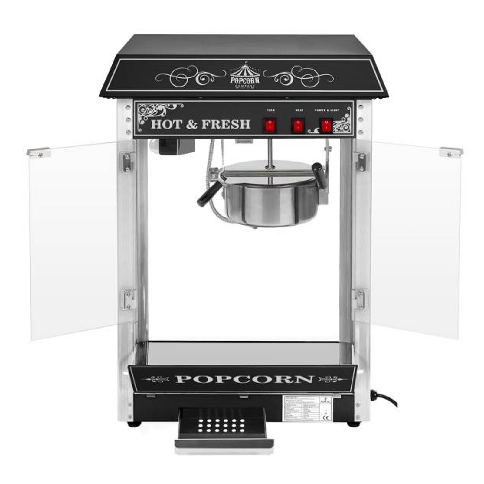 Ammattimainen, tehokas, säädettävä popcorn-kone 230V 1,6kW musta