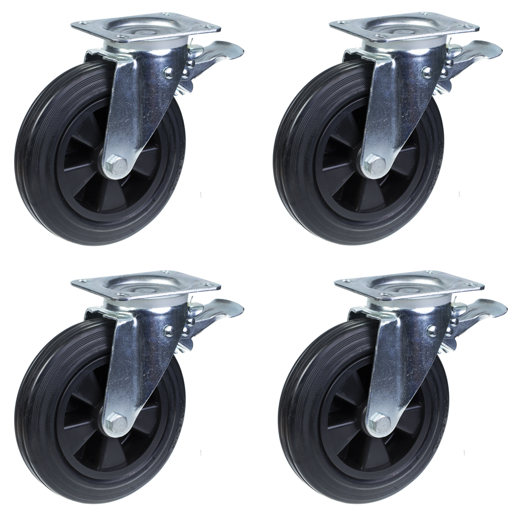 4 - 200mm pyörät musta kumi kääntyvä jarru 200kg kukin Raskas 800kg per sarja
