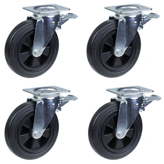 4 - 200mm pyörät musta kumi kääntyvä jarru 200kg kukin Raskas 800kg per sarja