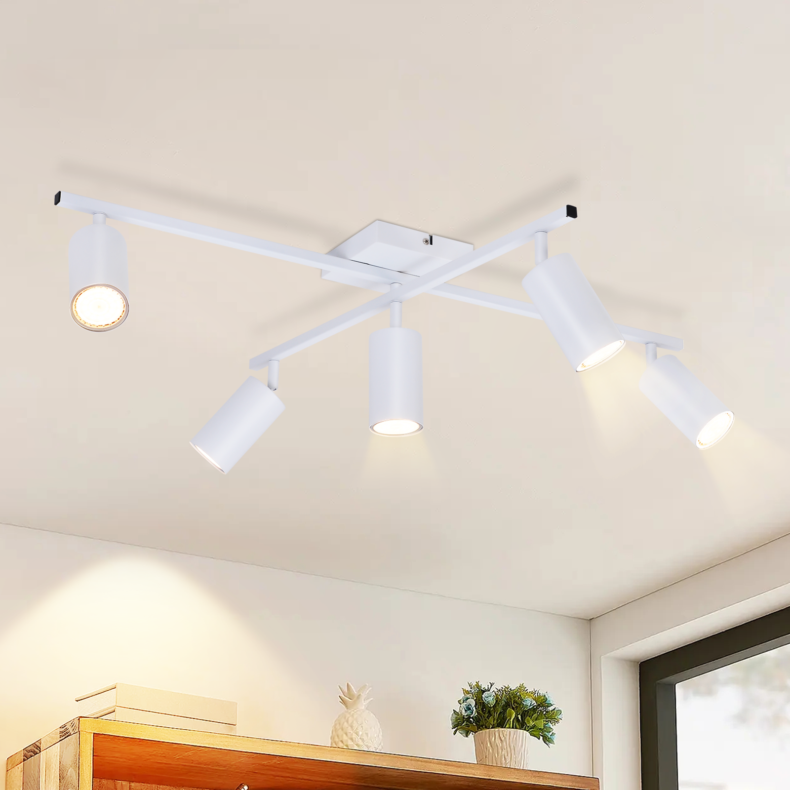 NETTLIFE - kattovalaisin valkoinen LED - kattospottivalaisin GU10 5 liekkiä moderni olohuone 330° kääntyvä teollisuustyyli
