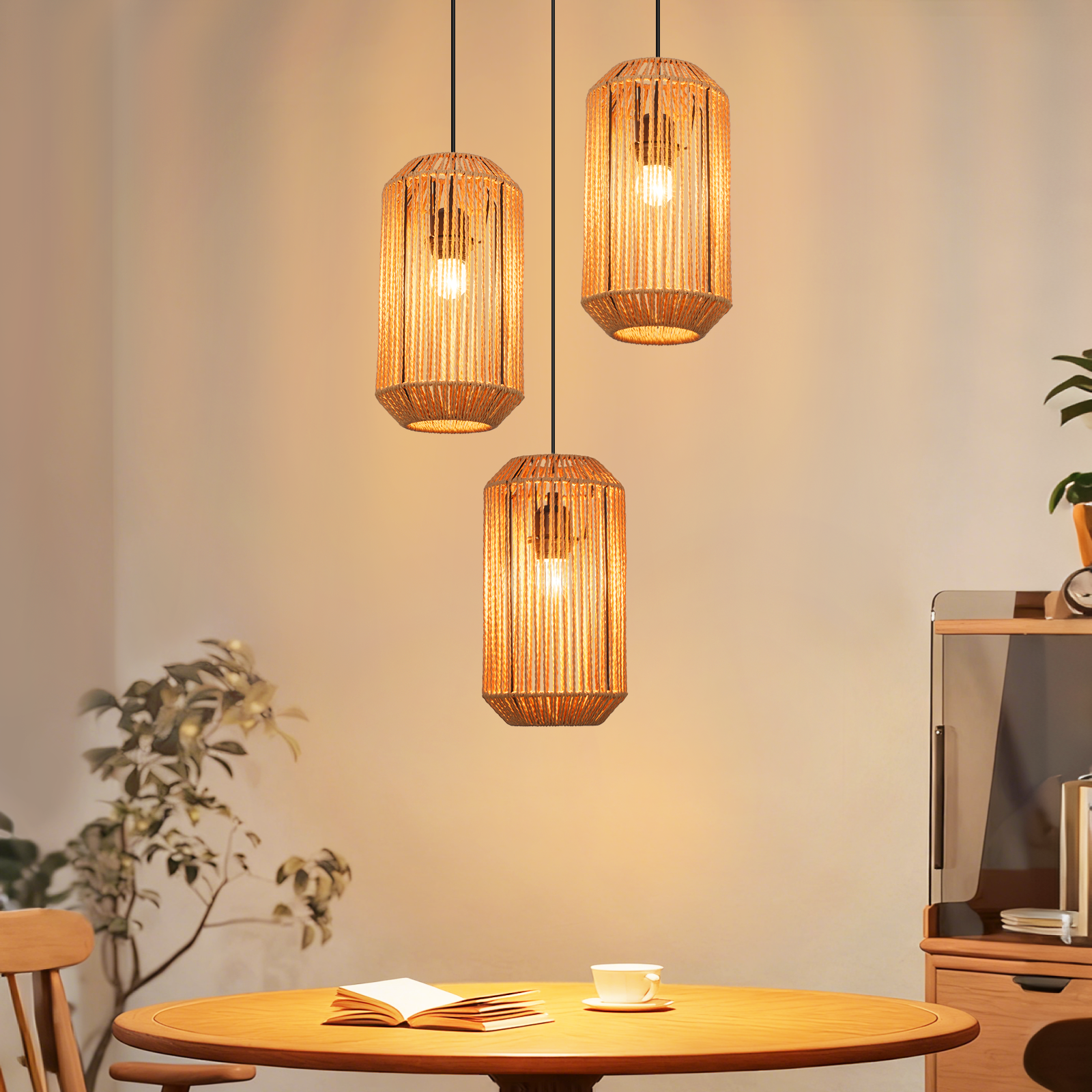 NETTLIFE 3 hehkulamppua rottinkirippuvalaisin vintage punottu heinäkorsi E27 boho säädettävä korkeus makuuhuone olohuone (lamppu ei mukana)