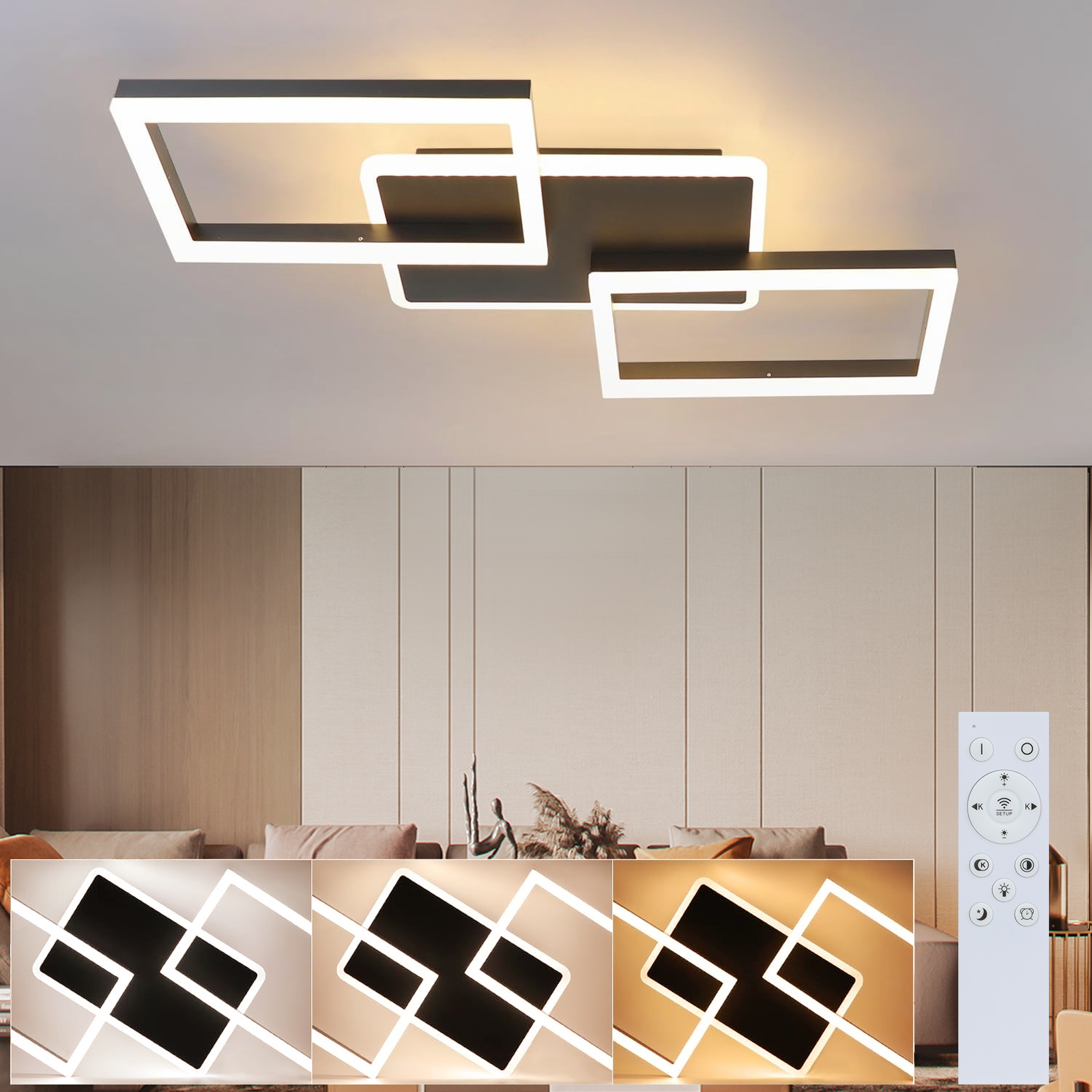 NETTLIFE LED - kattovalaisin, olohuoneeseen, 48W, himmennettävä, olohuoneen Valaisin, moderni, design - valaisin, musta Kaukosäätimellä