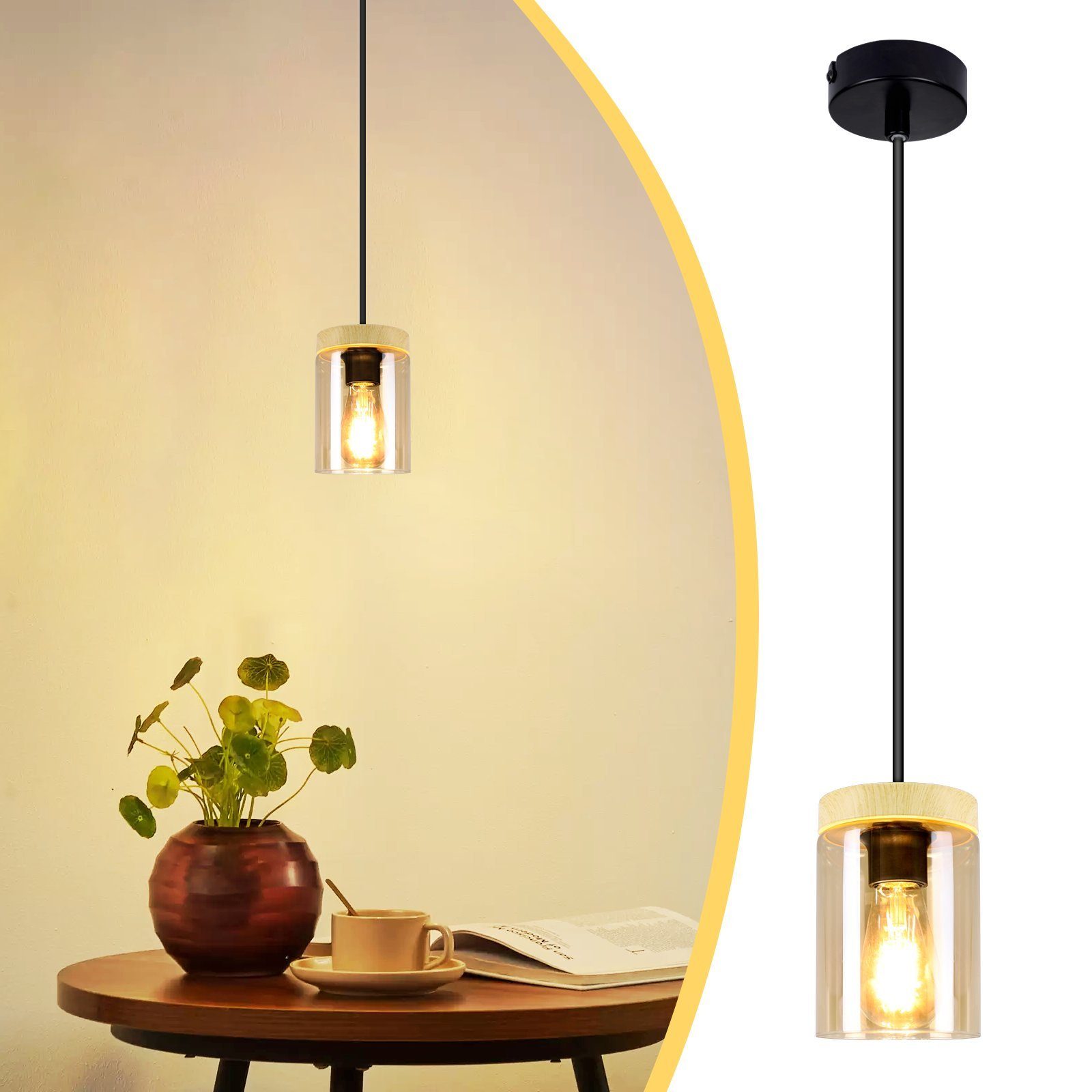 NETTLIFE riippuvalaisin E27Vintage musta, halkaisija 12 cm puu, metalli lasivarjostimella, ruokailuhuoneeseen Keittiöön