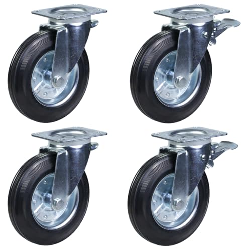 4 - 200mm kumipyörää Jäteastian pyörät - kääntyvät ja kääntyvät jarrulliset 1100 litran jäteastiat