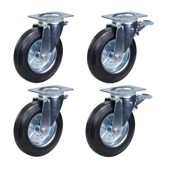 4 - 200mm kumipyörää Jäteastian pyörät - kääntyvät ja kääntyvät jarrulliset 1100 litran jäteastiat