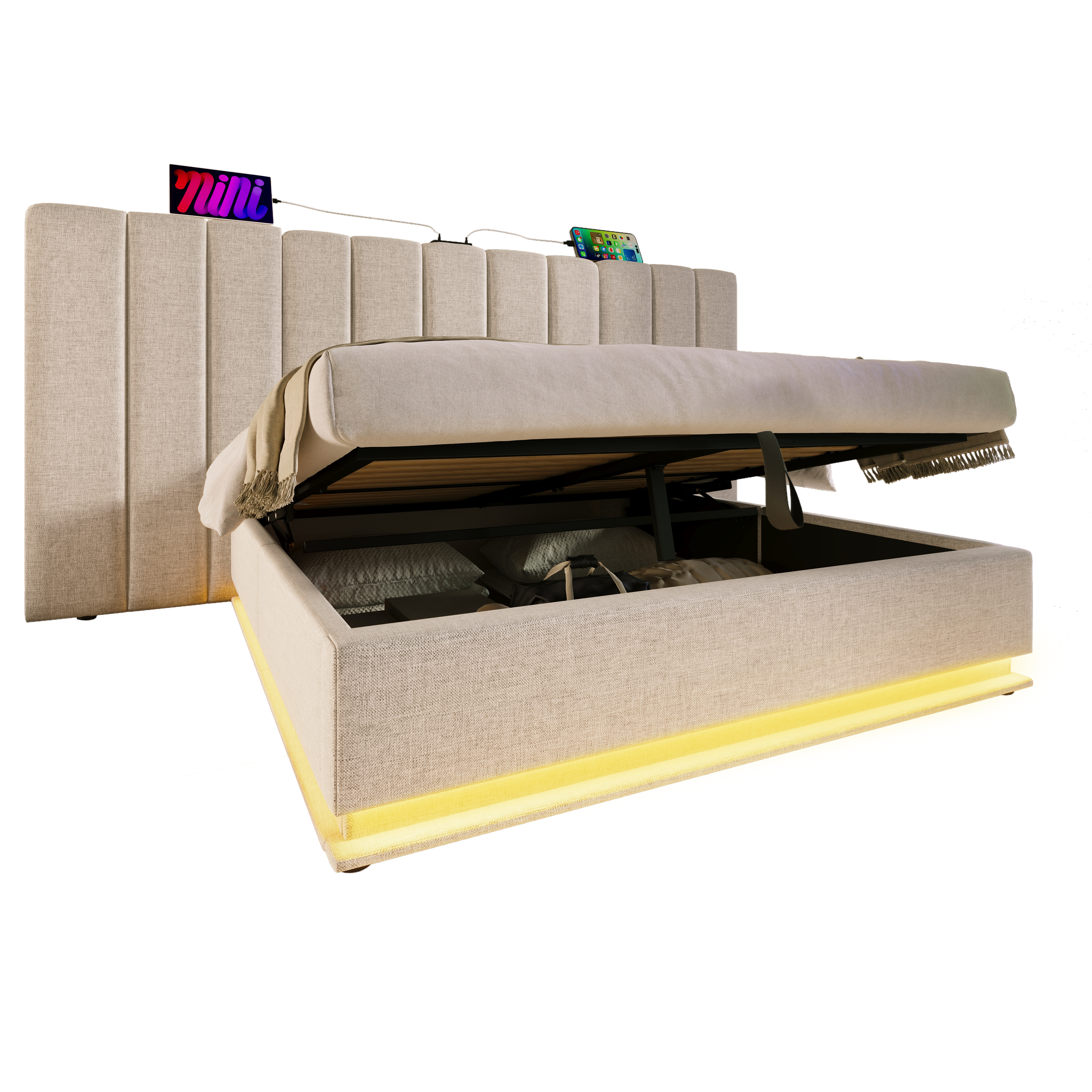 sänky 160x200 cm LED-valaistus ja USB-C lataustoiminto beige kangas