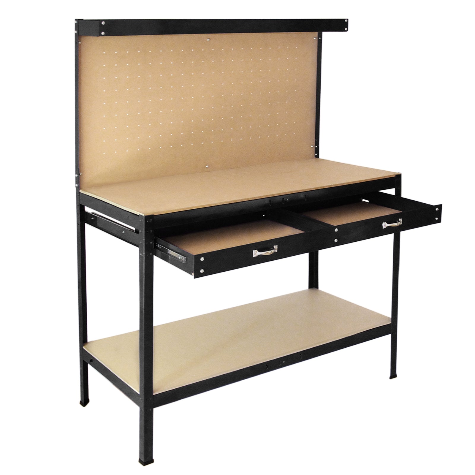 Työpöytä reikätaululla ja laatikolla, musta