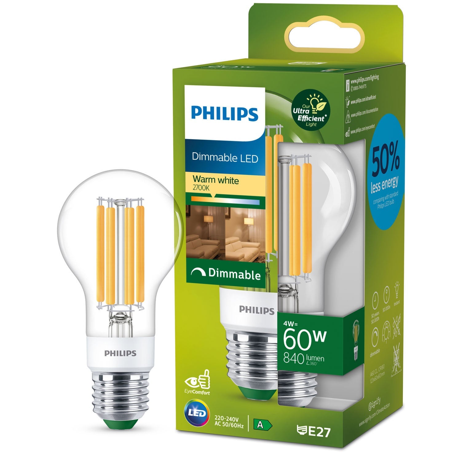 LED E27 Normaali 4W (60W) Kirkas Himmennettävä 840lm 2700K Energialuokka A