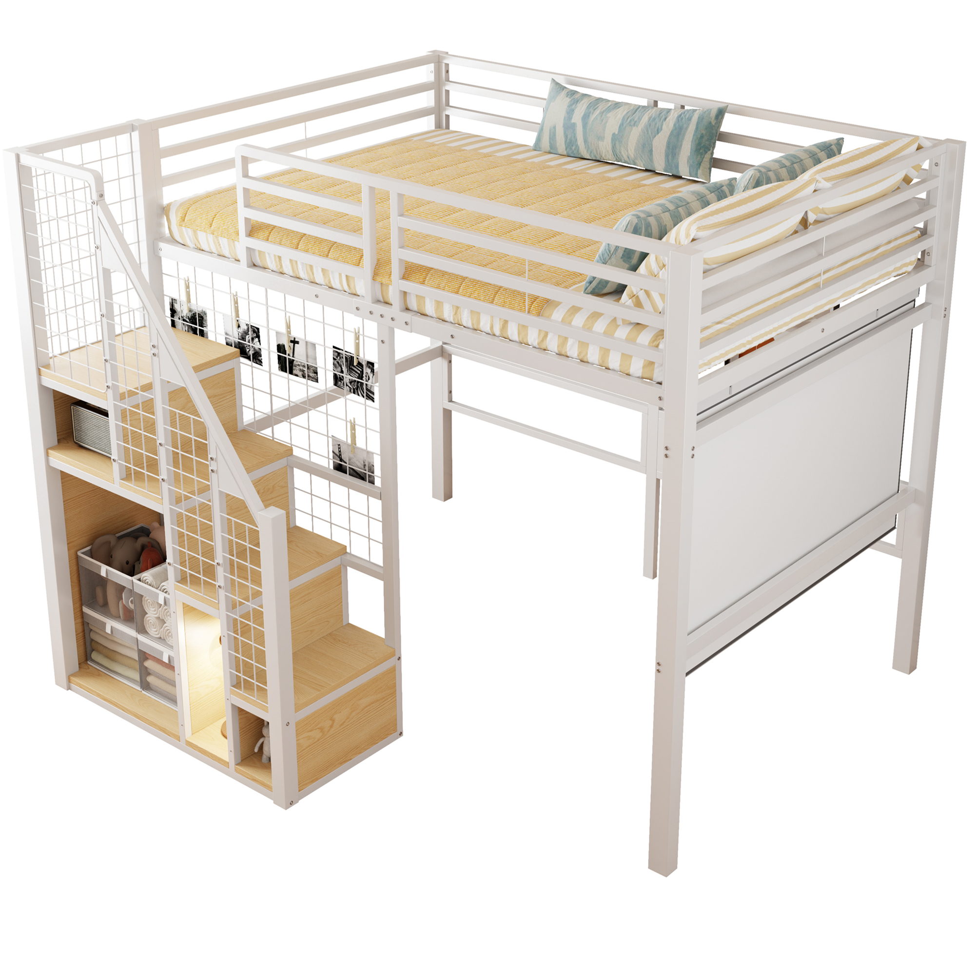 Parvisänky, 140x200 cm, metallirunko, hylly, valkoinen