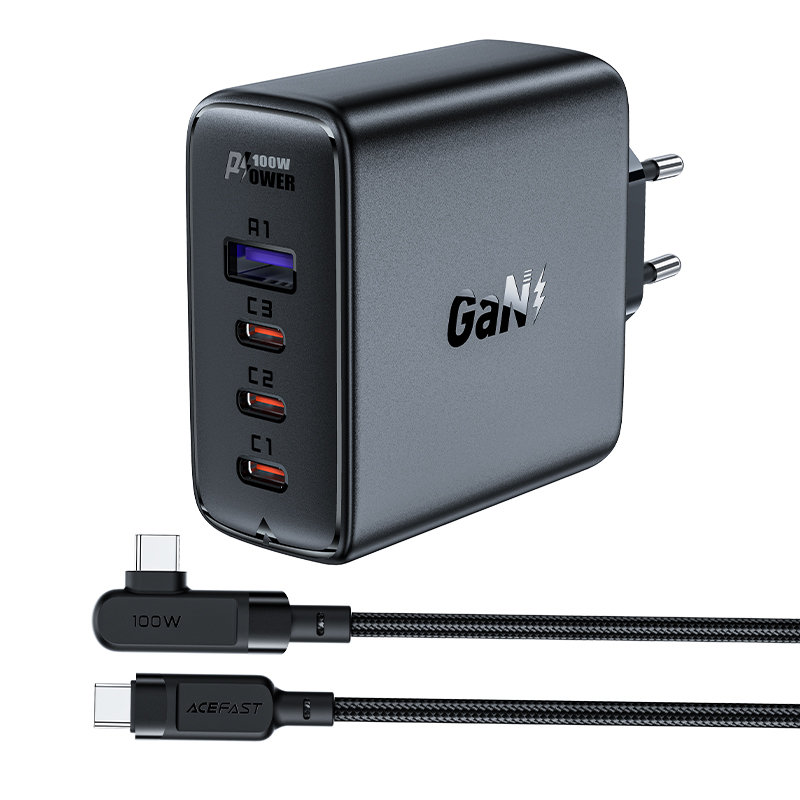 GaN Nopea Seinälaturi 3x USB-C 1x USB-A + USB-C Kulmakaapeli 100W 2m Musta