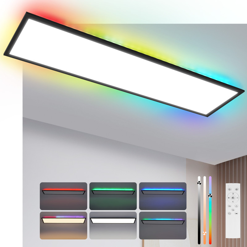 NETTLIFE LED-paneeli 100 x 25 cm himmennettävä RGB-taustavalo väriä vaihtava litteä kattovalaisin kaukosäätimellä musta 24W