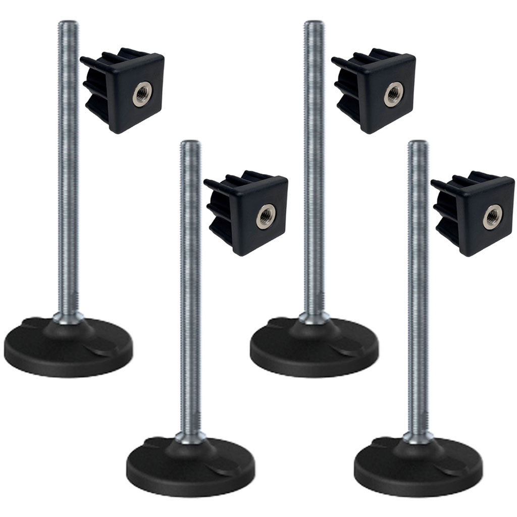 Ruostumaton jalka 16x230x100mm, muovia rei'illä+lisäosilla 40x40x2.0mm - 4 kpl:n sarja.