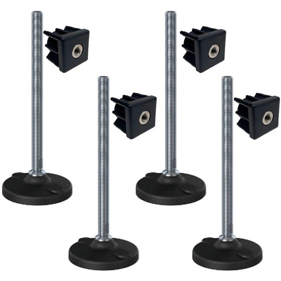 Ruostumaton jalka 16x230x100mm, muovia rei'illä+lisäosilla 40x40x2.0mm - 4 kpl:n sarja.