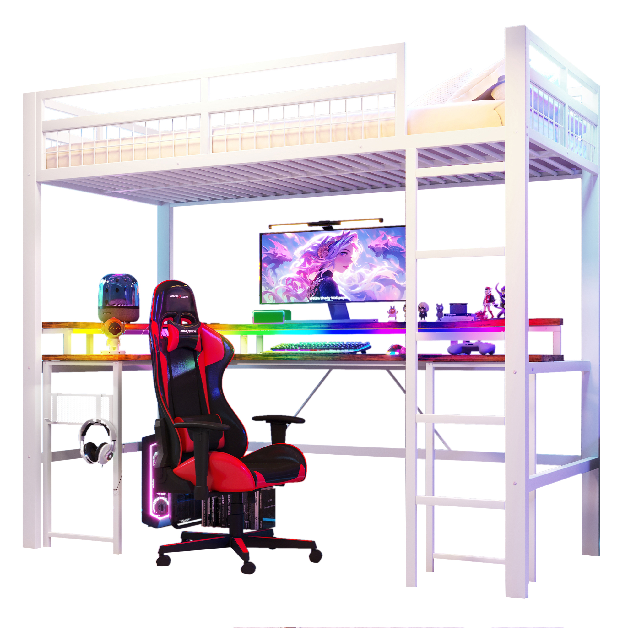Parvi-sänky, 90x200 cm, metalli, RGB LED, pöytä, USB, pistorasiat, pegboard, valkoinen