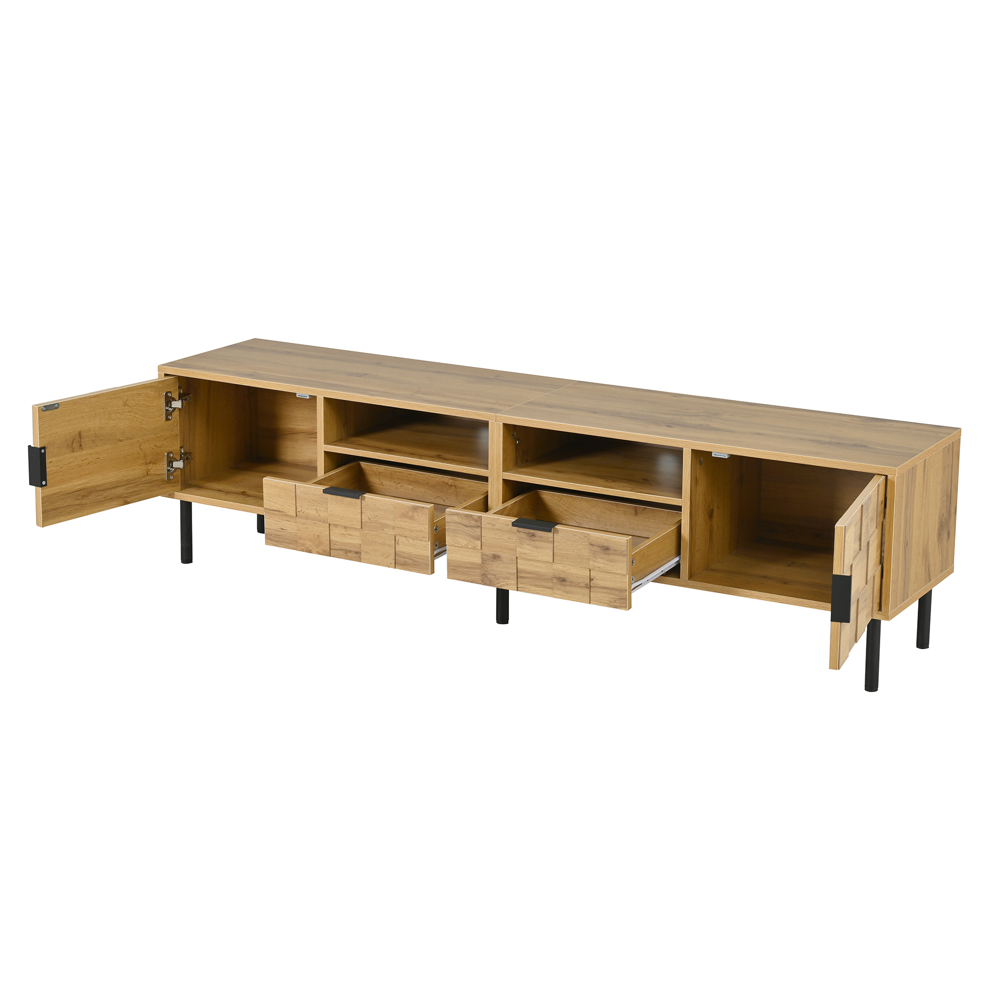 TV-taso 160x35x42,5 cm luonnonväri puuoptiikka lastulevy metallijalat säilytyksellä ja avoimilla hyllyillä