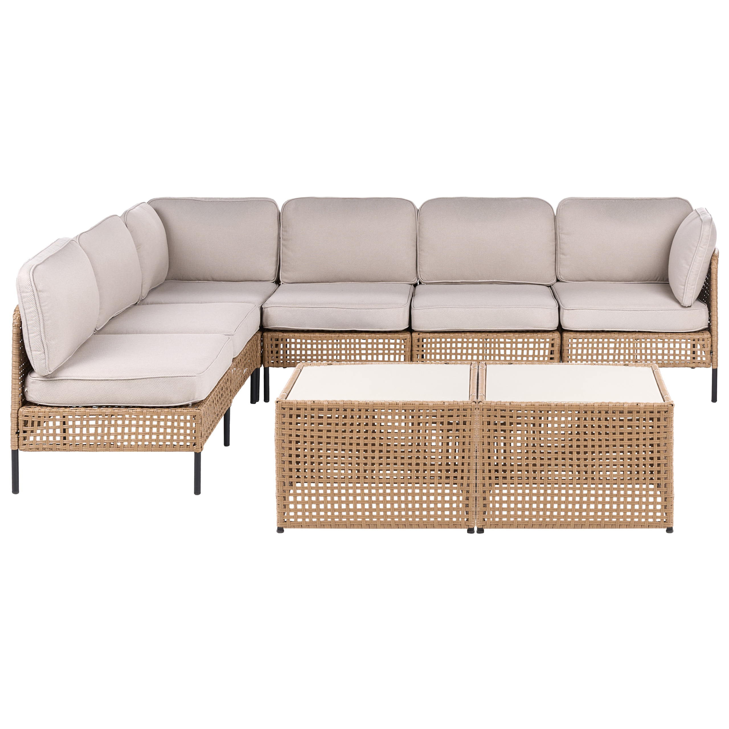 Ulkokulmasohva ja pöytä 6-istuttava OMEGANA modulaarinen Polyrottinki Vaaleanbeige