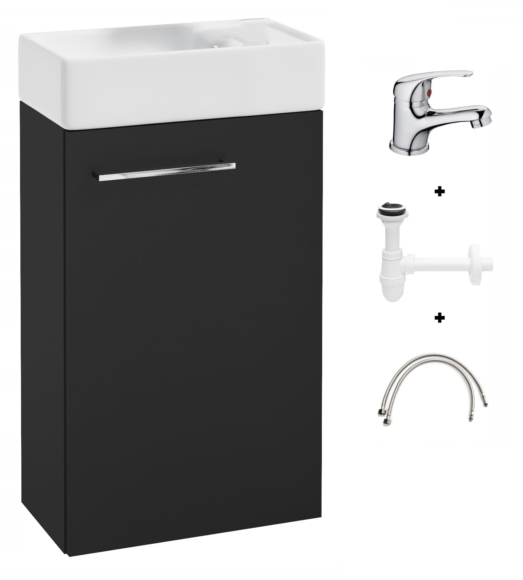 Musta seinään ripustettava kylpyhuonekaappi, jossa 60x40 pesuallas ja pieni kromi kompakti hana