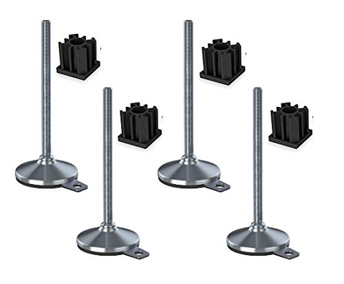 Ruostumaton jalka 20x230x105mm, tyyny ja kiinnitysreikä + insertit 40x40x2.0mm - 4 kpl:n sarja.