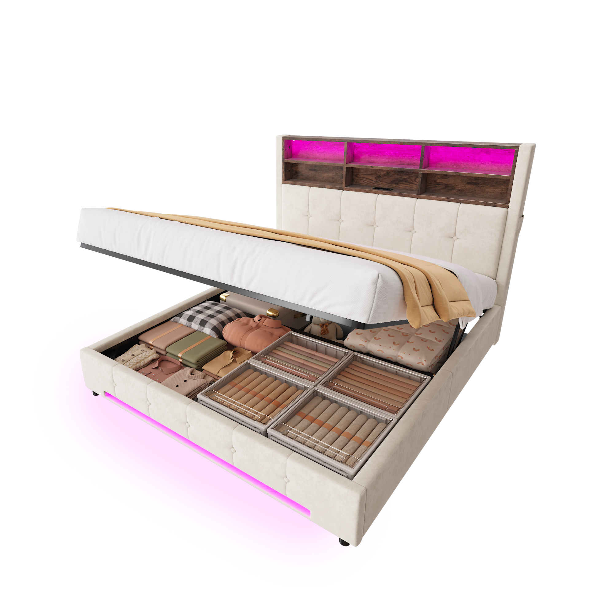 sänky 160x200 cm multifunktionaalinen päätyosa usb-c led hydraulinen säilytystila kermanvärinen sametti