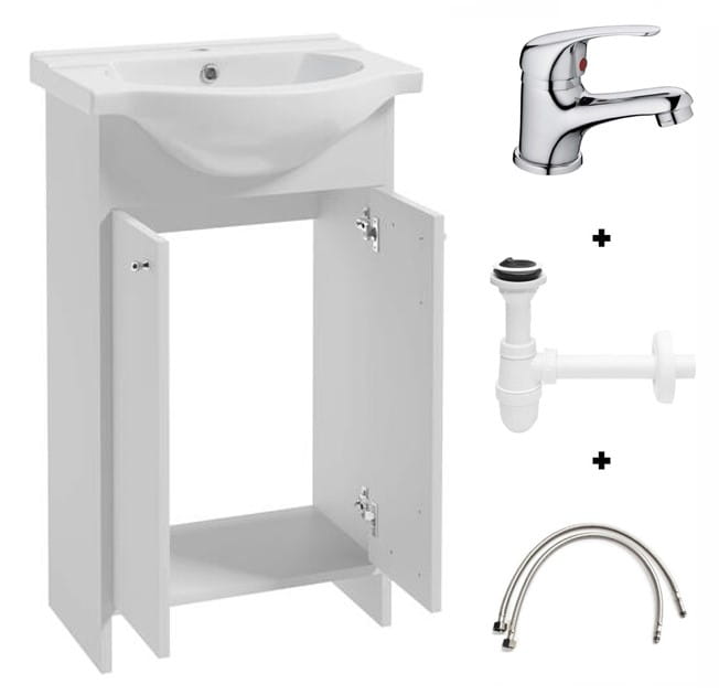 Kylpyhuonesarja: kaappi pesualtaalla 50 valkoinen + Diana hana ja sifoni